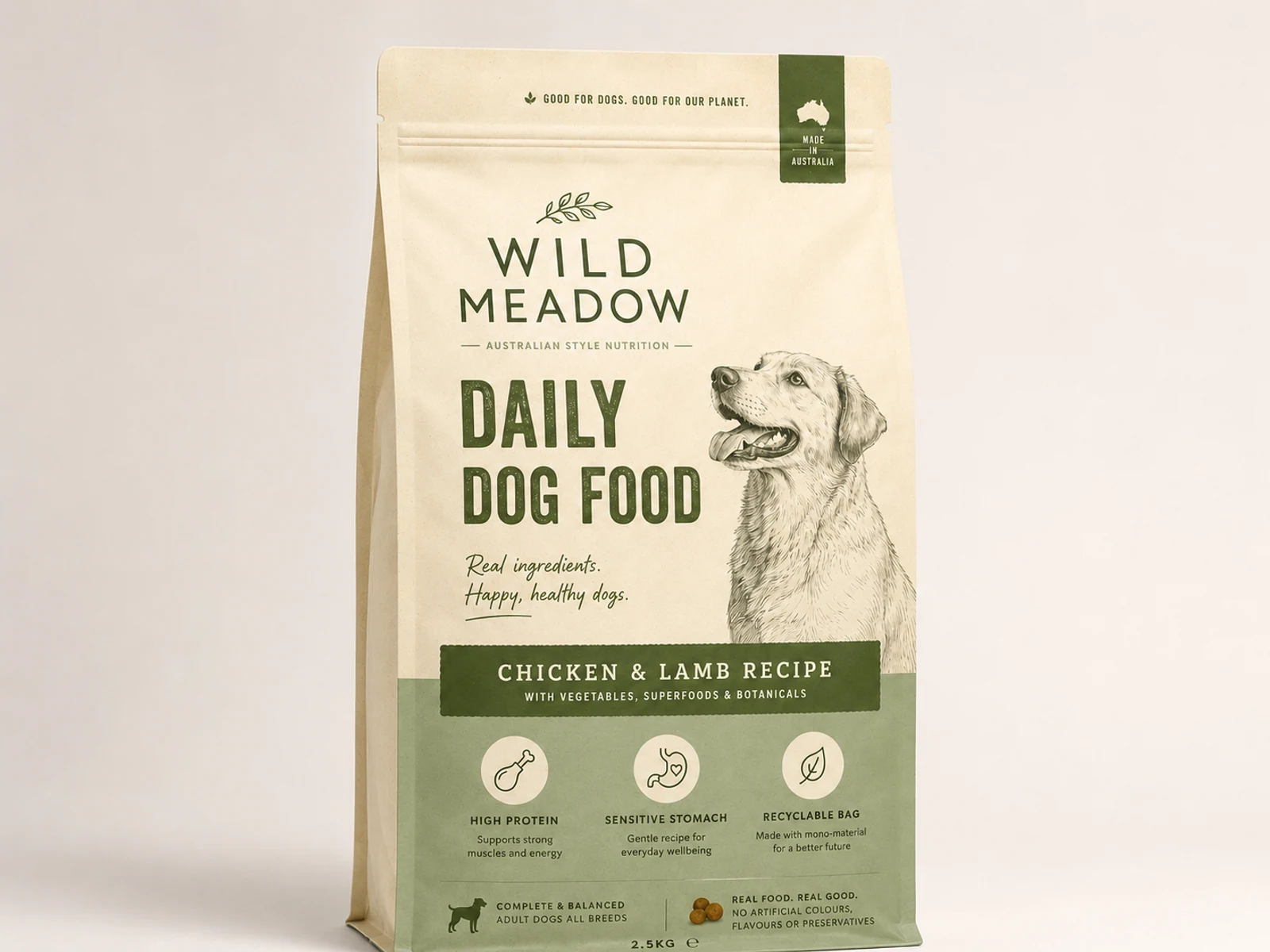 Custom pet food packaging bag with zipper and printed branding