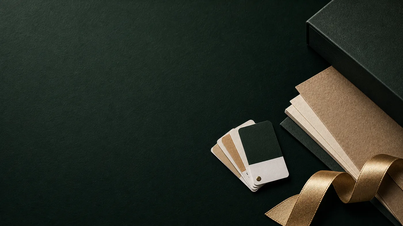 Bespoke packaging material samples, dark green box, and gold ribbon